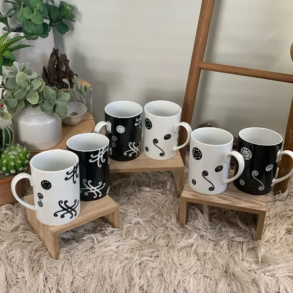 Vintage Pottery Barn Fez Pattern Black and‎ White Swirl Coffee Cups Set Of 6